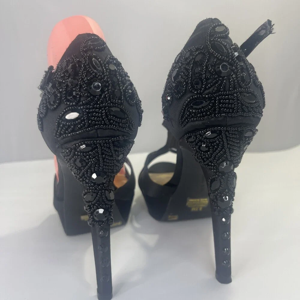GIANNI BINI CUSTOMIZED BEADED MELISSA 8.5M Black Platform Stiletto Heels WEDDING